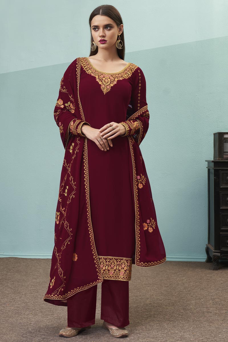 Maroon Color Sangeet Wear Chic Embroidered Georgette Palazzo Suit