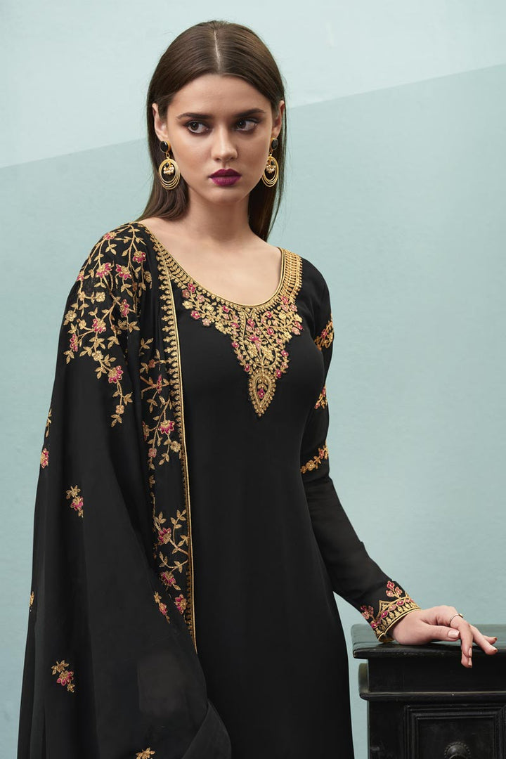 Georgette Sangeet Wear Black Color Chic Embroidered Palazzo Suit