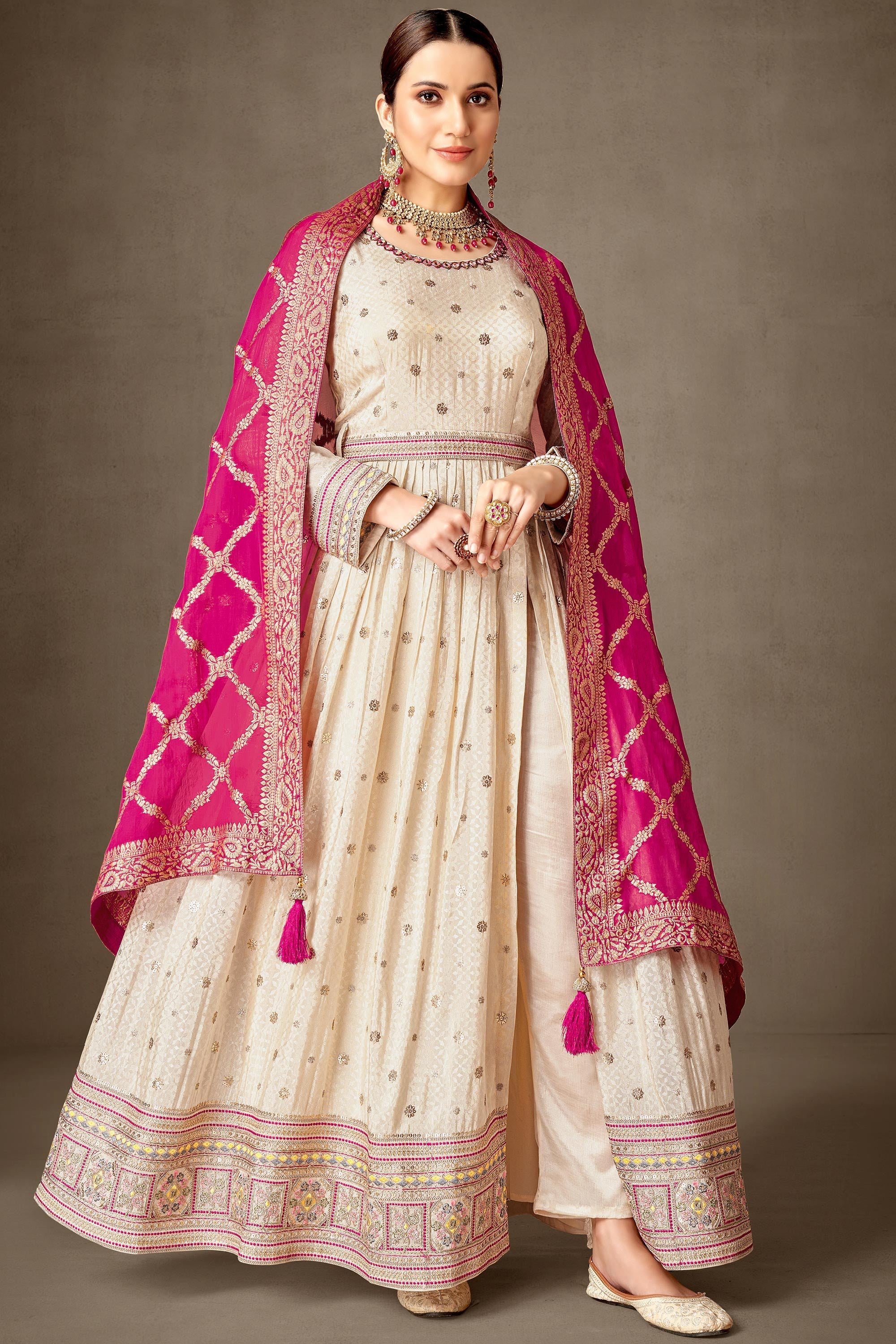 Beige Viscose Fabric Embroidered Readymade Long Anarkali Salwar Suit