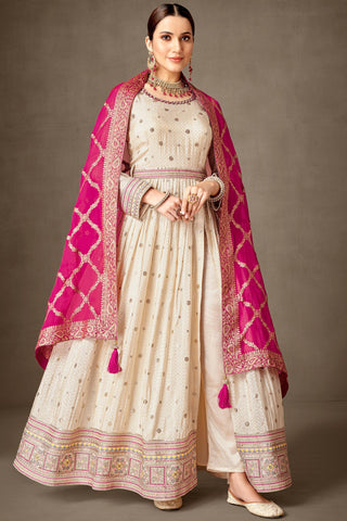 Beige Viscose Fabric Embroidered Readymade Long Anarkali Salwar Suit