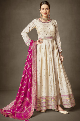 Beige Viscose Fabric Embroidered Readymade Long Anarkali Salwar Suit