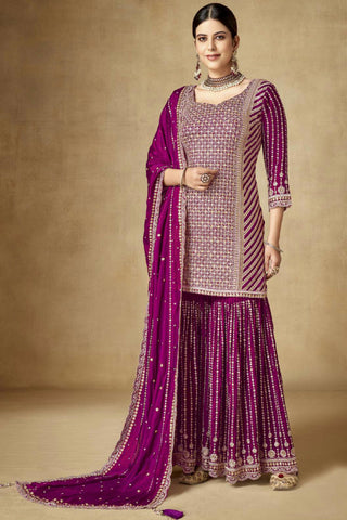 Magenta Color Function Wear Embroidered Readymade Palazzo Salwar Suit In Chinon Fabric