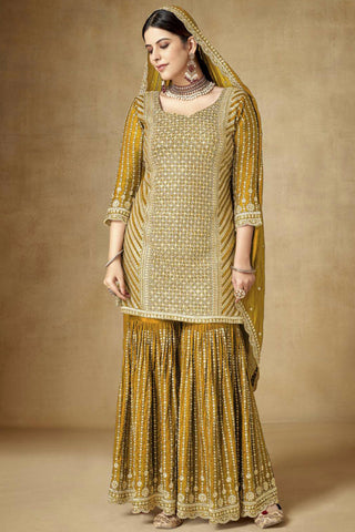 Festive Wear Embroidered Chinon Fabric Readymade Palazzo Suit In Mustard Color