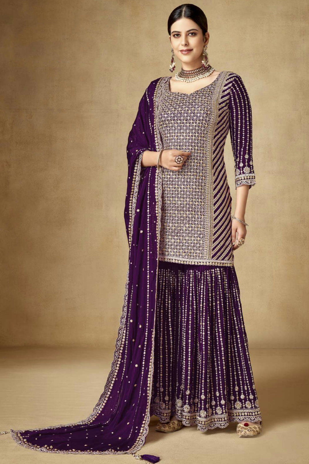 Purple Color Chinon Fabric Fancy Embroidered Function Wear Readymade Palazzo Salwar Kameez