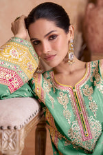 Load image into Gallery viewer, Sea Green Color Embroidered Readymade Palazzo Salwar Suit In Chinon Fabric
