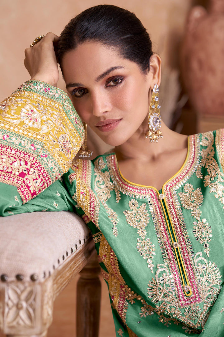 Sea Green Color Embroidered Readymade Palazzo Salwar Suit In Chinon Fabric