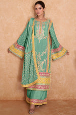 Load image into Gallery viewer, Sea Green Color Embroidered Readymade Palazzo Salwar Suit In Chinon Fabric
