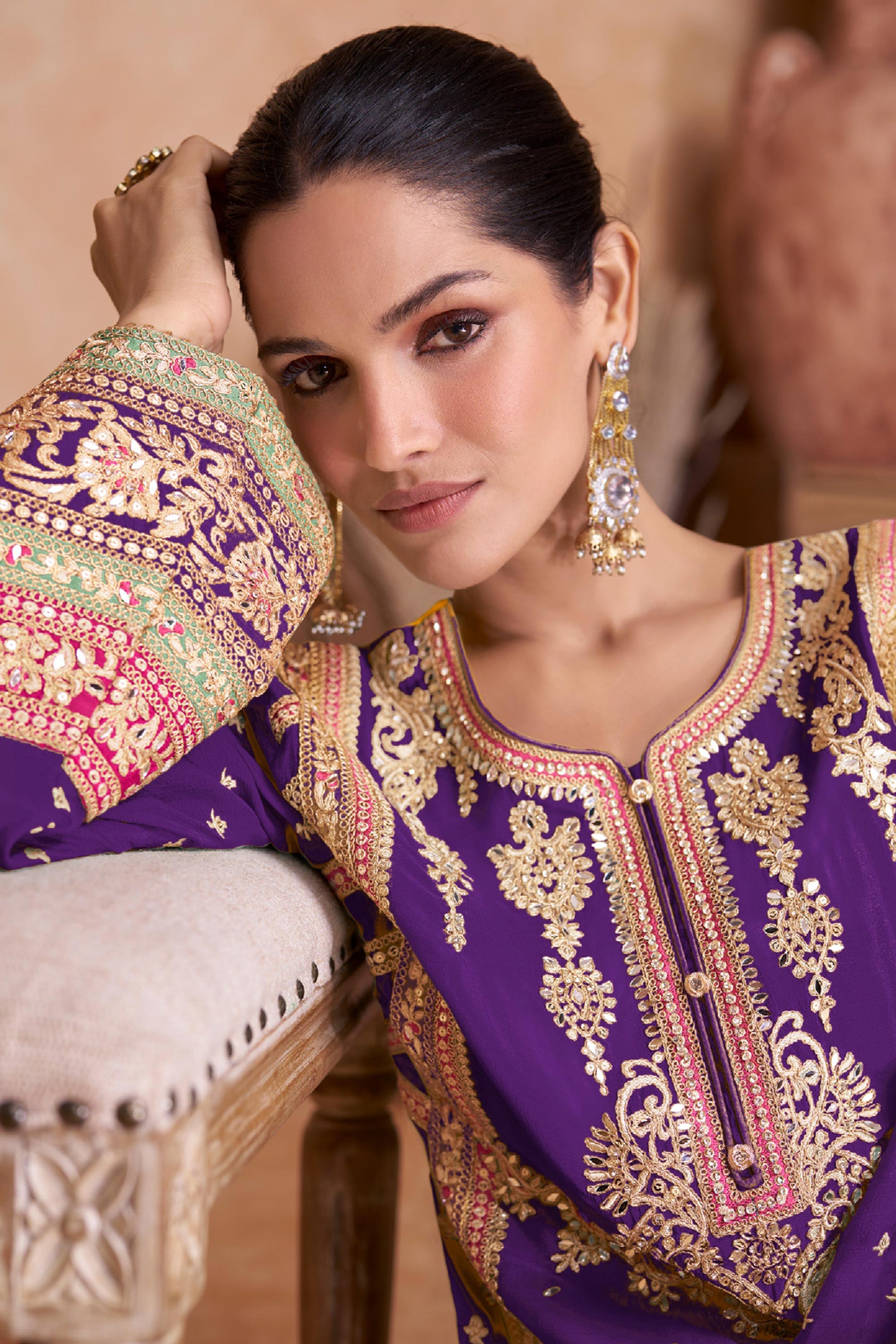 Chinon Fabric Embroidered Readymade Palazzo Salwar Kameez In Purple Color