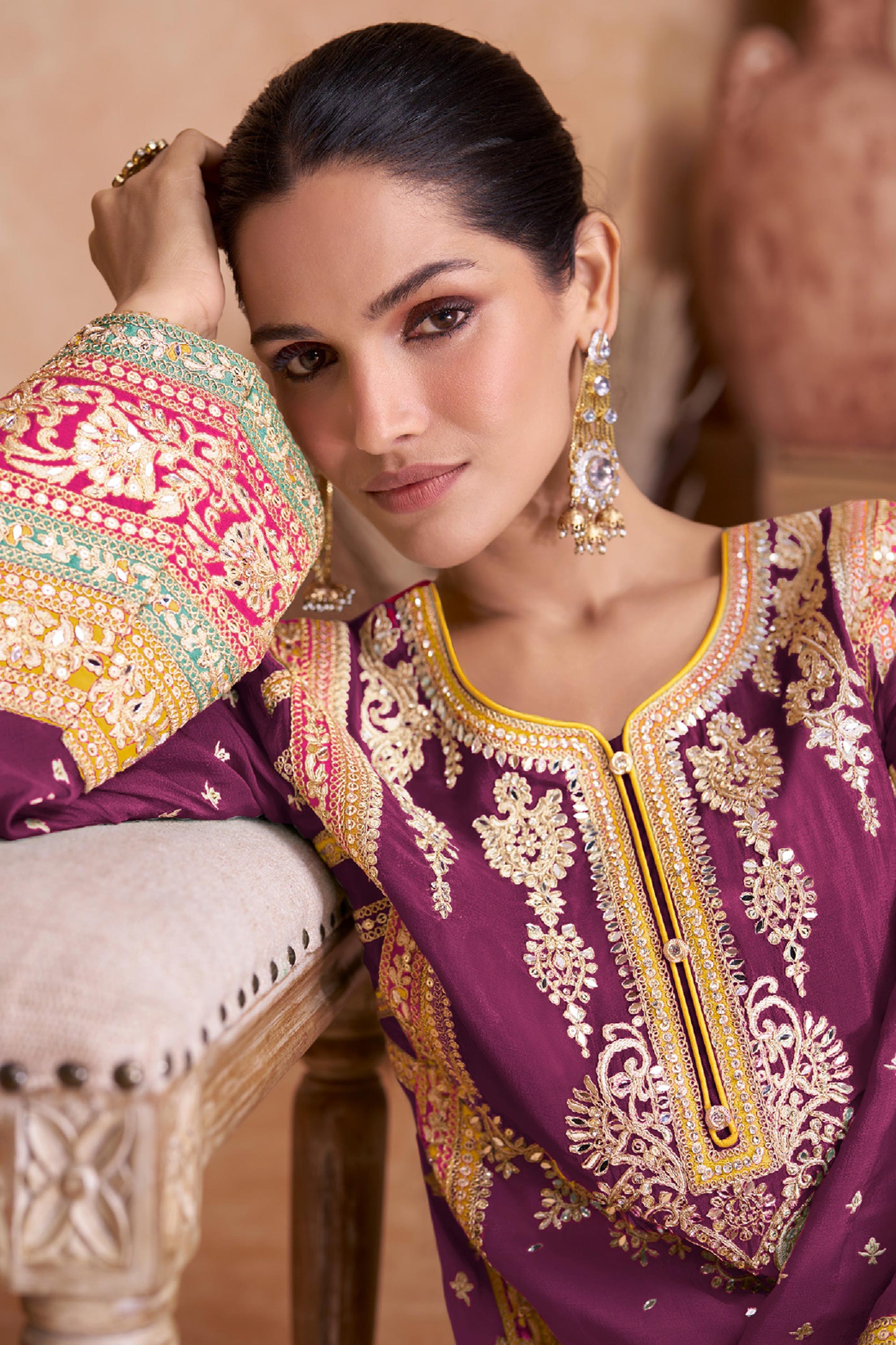 Wine Embroidered Chinon Fabric Readymade Palazzo Salwar Kameez