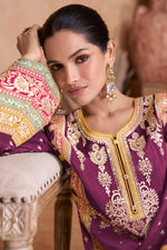 Load image into Gallery viewer, Wine Embroidered Chinon Fabric Readymade Palazzo Salwar Kameez
