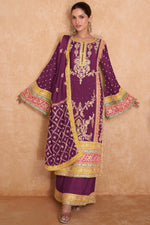 Load image into Gallery viewer, Wine Embroidered Chinon Fabric Readymade Palazzo Salwar Kameez
