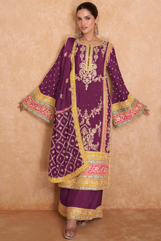 Wine Embroidered Chinon Fabric Readymade Palazzo Salwar Kameez