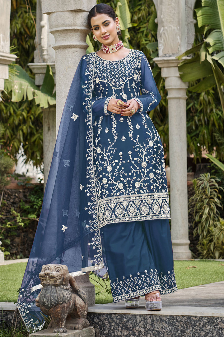 Blue Color Net Fabric Function Wear Awesome Palazzo Suit