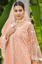 Load image into Gallery viewer, Net Fabric Function Wear Beatific Palazzo Suit In Peach Color
