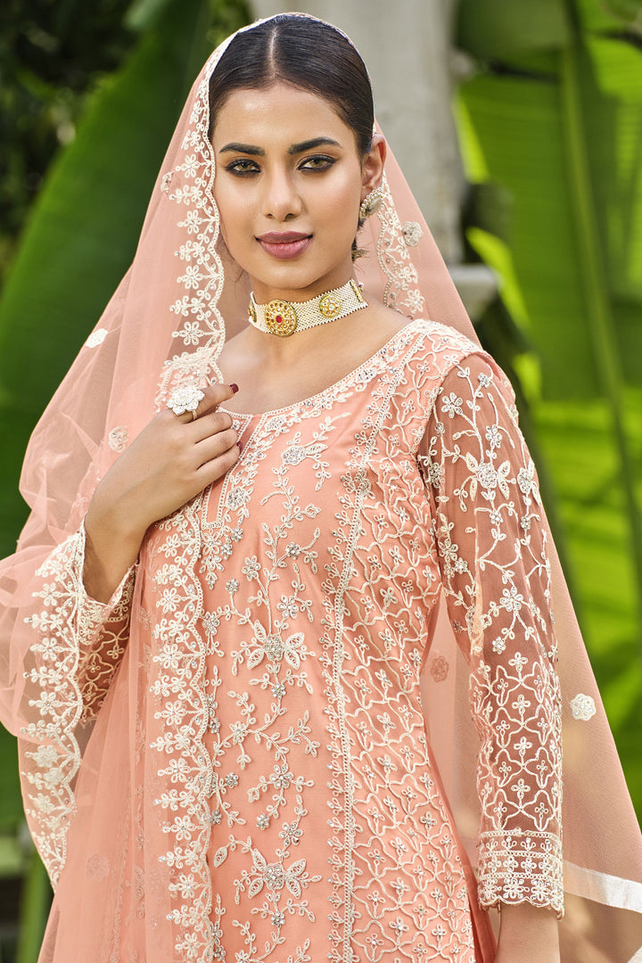 Net Fabric Function Wear Beatific Palazzo Suit In Peach Color