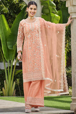 Load image into Gallery viewer, Net Fabric Function Wear Beatific Palazzo Suit In Peach Color
