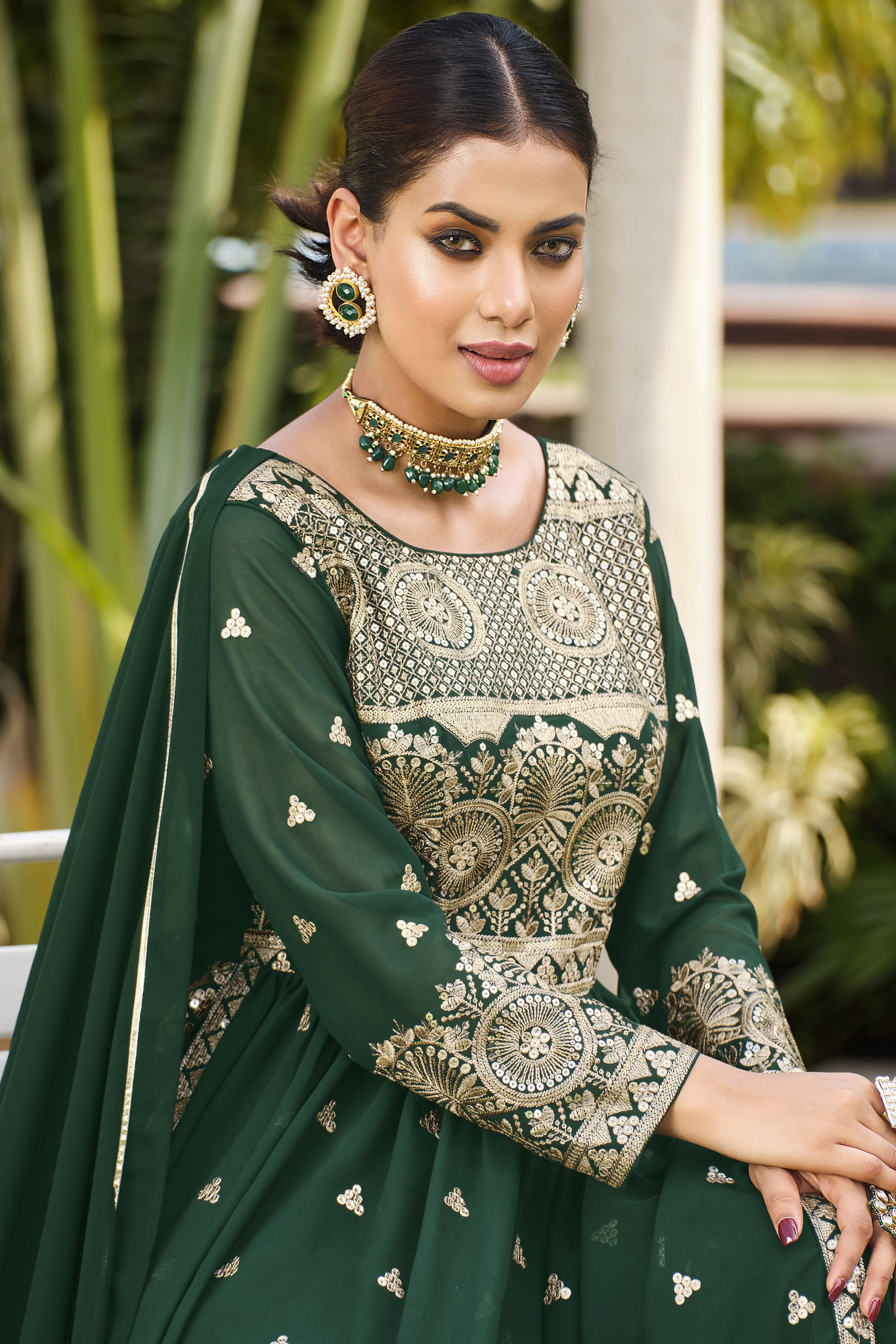 Dark Green Color Sequins Work Readymade Palazzo Salwar Suit In Georgette Fabric