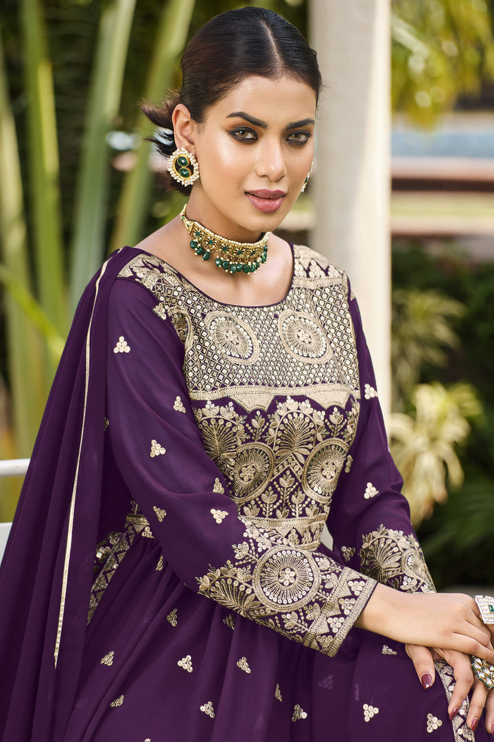 Sequins Work Purple Color Readymade Palazzo Salwar Suit In Georgette Fabric