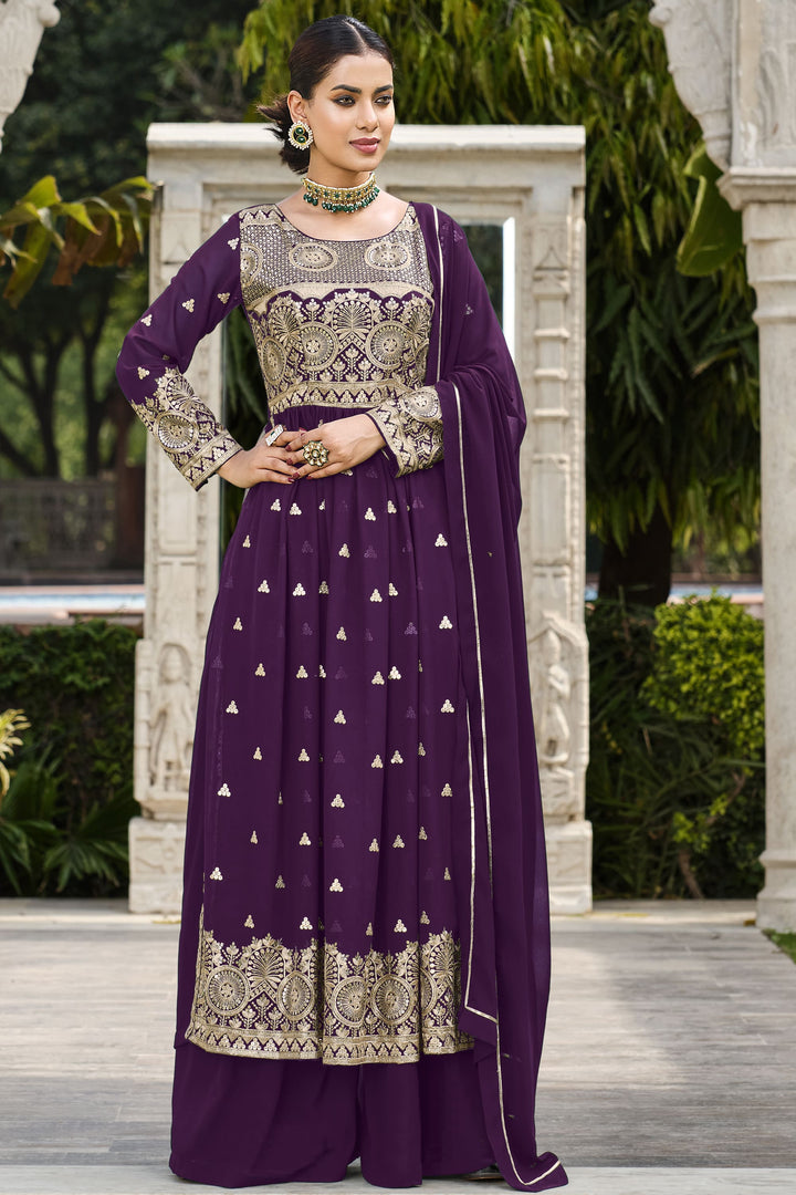 Sequins Work Purple Color Readymade Palazzo Salwar Suit In Georgette Fabric