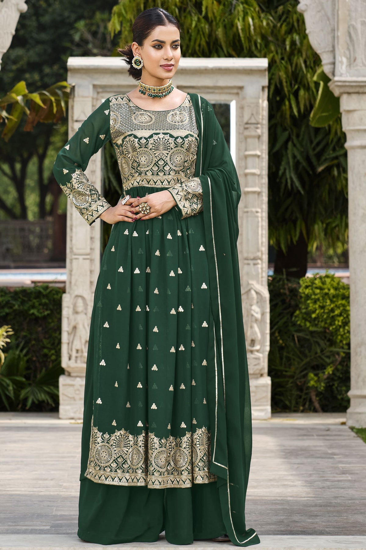 Dark Green Color Sequins Work Readymade Palazzo Salwar Suit In Georgette Fabric