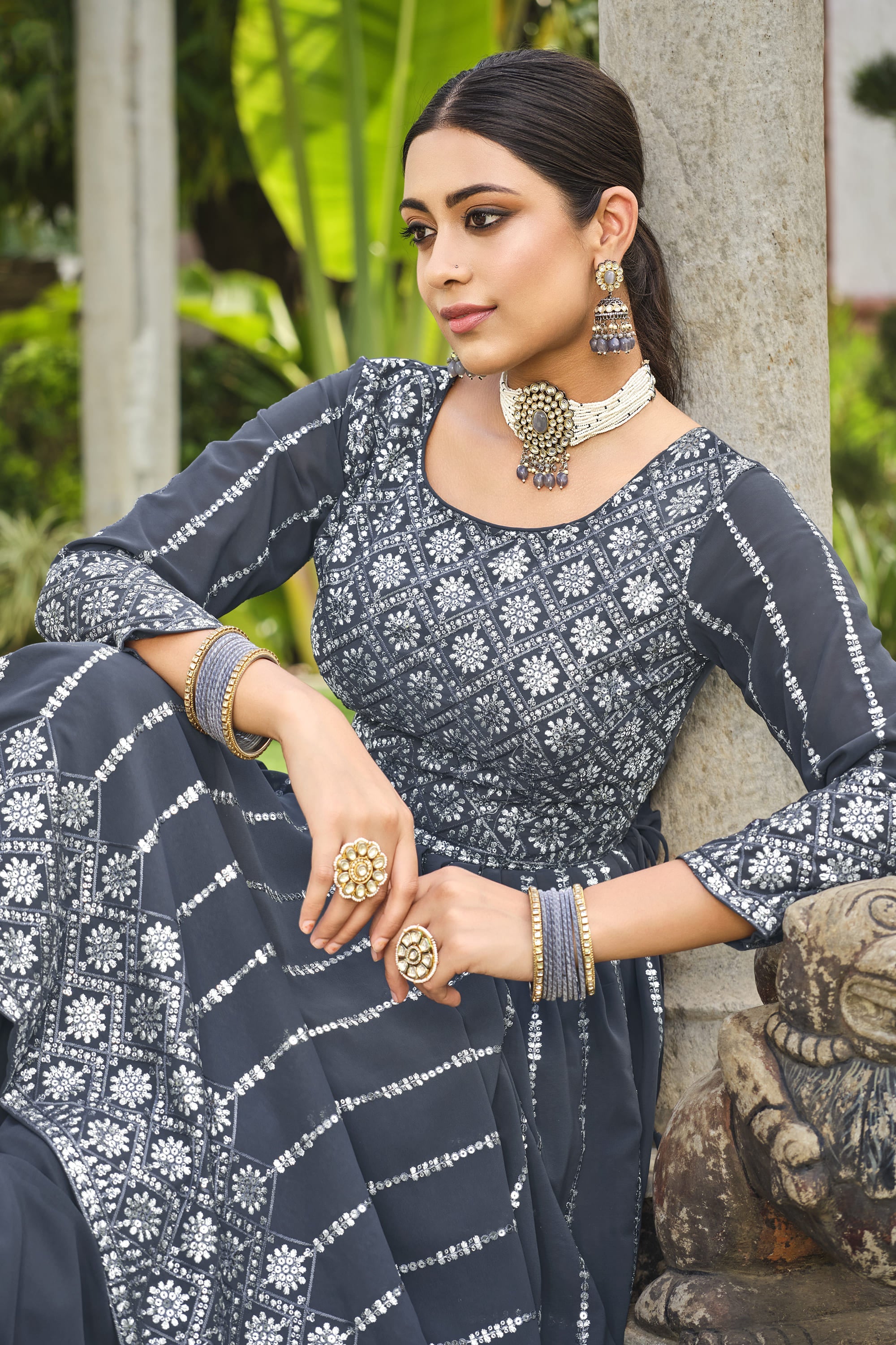 Georgette Fabric Grey Color Festive Wear Sequins Work Readymade Palazzo Salwar Kameez