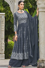 Load image into Gallery viewer, Georgette Fabric Grey Color Festive Wear Sequins Work Readymade Palazzo Salwar Kameez
