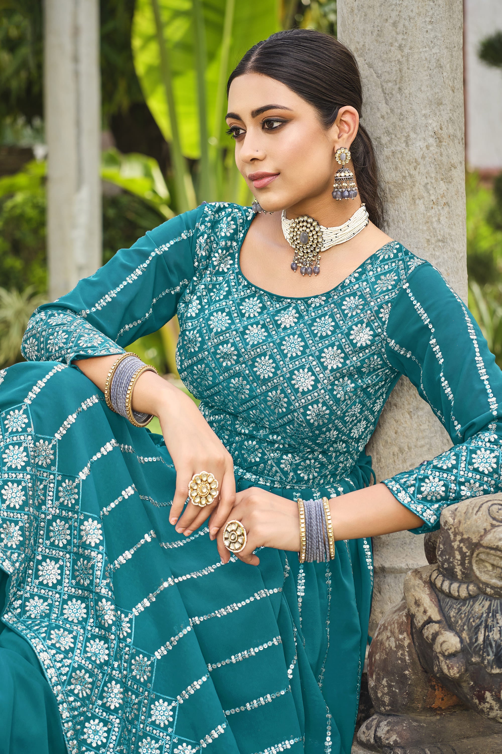 Georgette Fabric Sequins Work Readymade Palazzo Salwar Kameez In Cyan Color