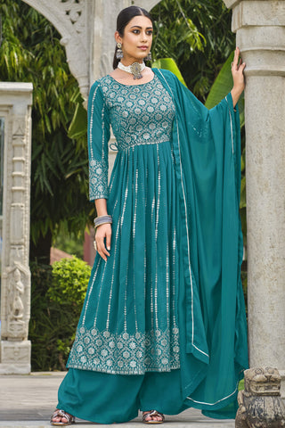 Georgette Fabric Sequins Work Readymade Palazzo Salwar Kameez In Cyan Color