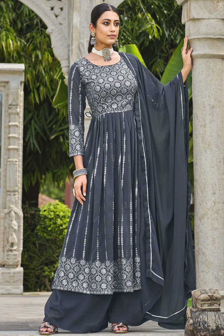 Georgette Fabric Grey Color Festive Wear Sequins Work Readymade Palazzo Salwar Kameez