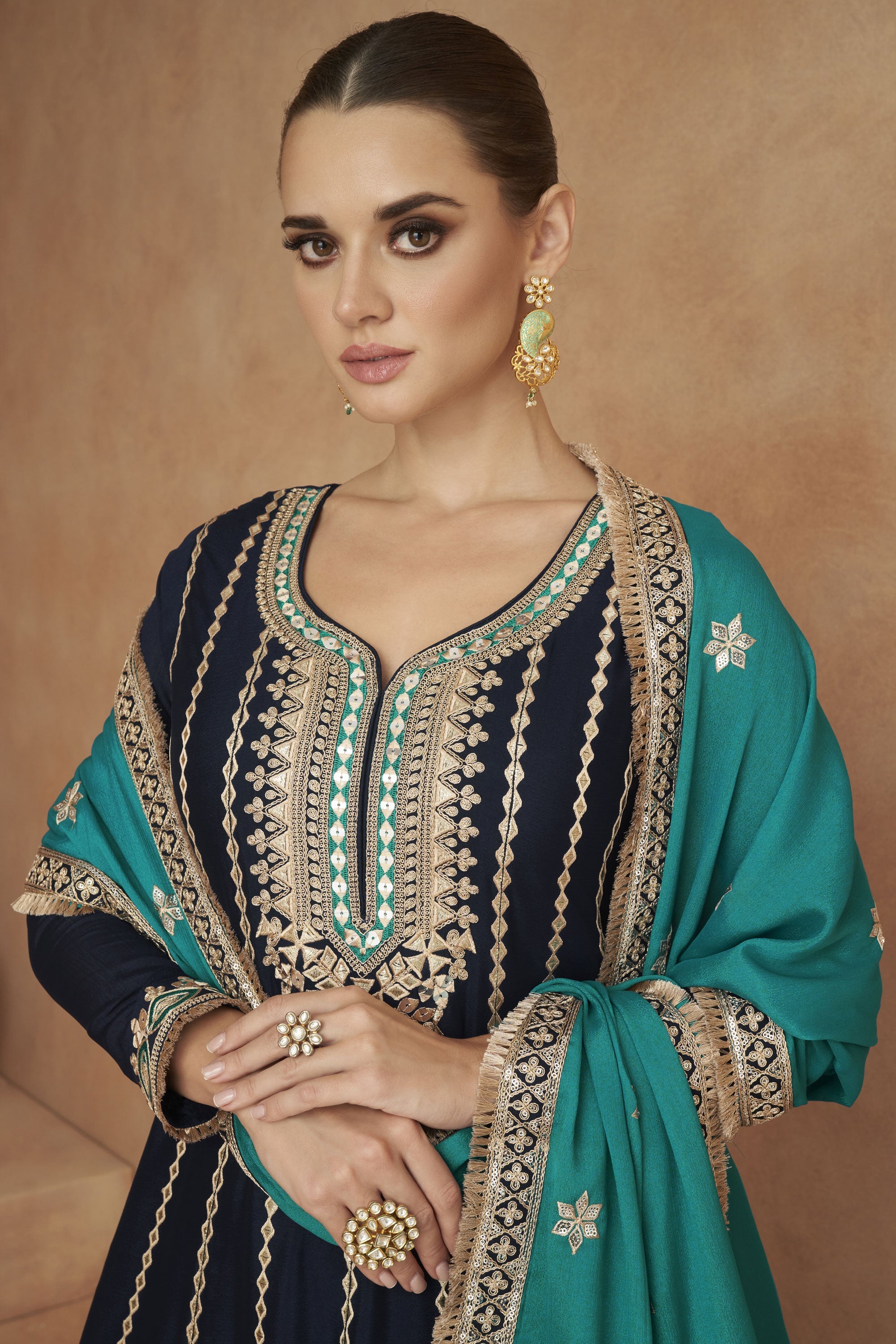 Navy Blue Color Embroidered Readymade Designer Salwar Kameez In Chinon Silk Fabric