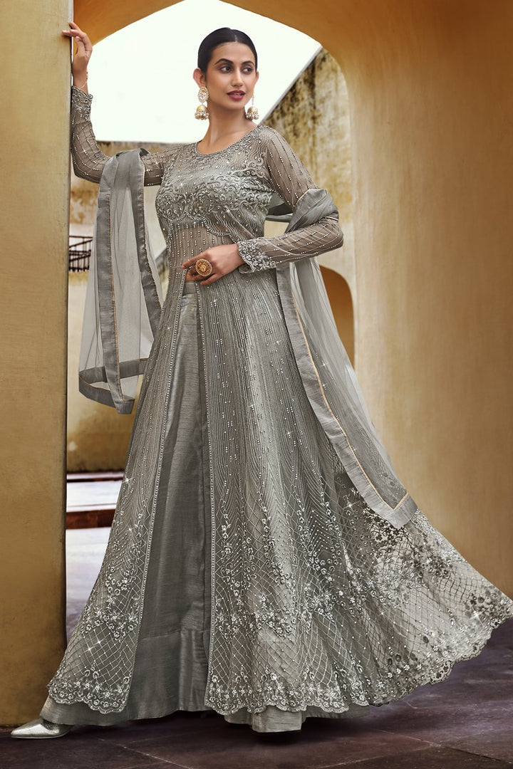 Reception Wear Net Fabric Grey Color Embroidered Designer Anarkali Suit