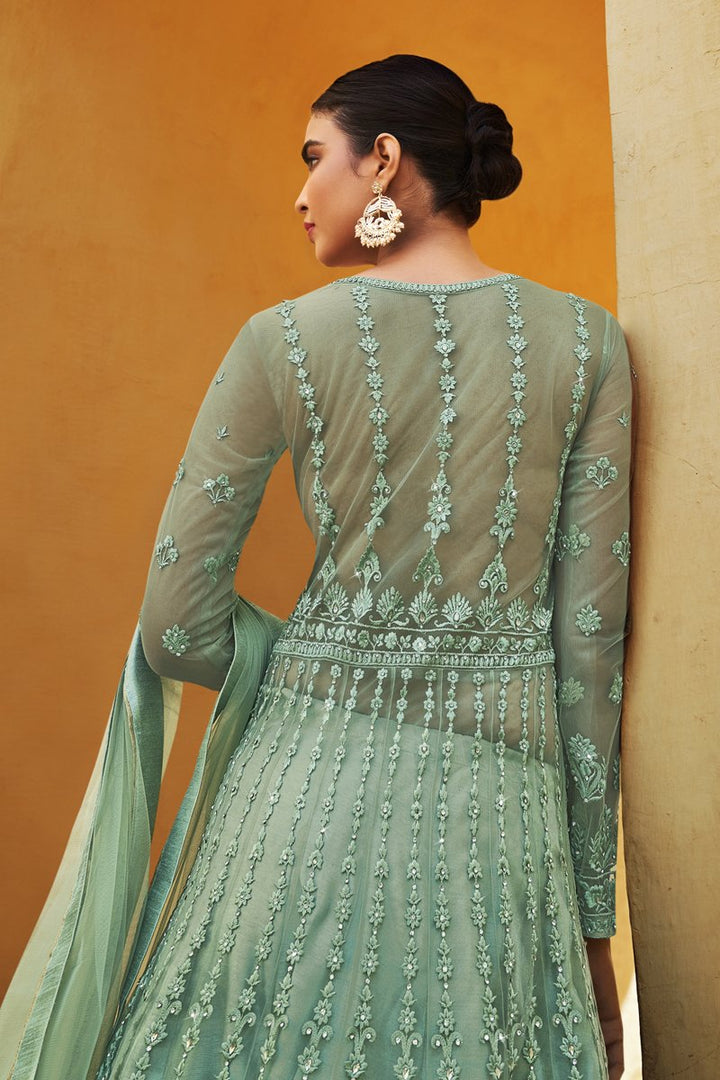 Net Fabric Embroidered Festive Wear Designer Anarkali Suit In Sea Green Color