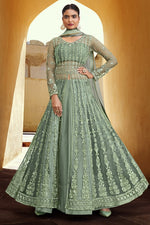 Load image into Gallery viewer, Net Fabric Embroidered Festive Wear Designer Anarkali Suit In Sea Green Color
