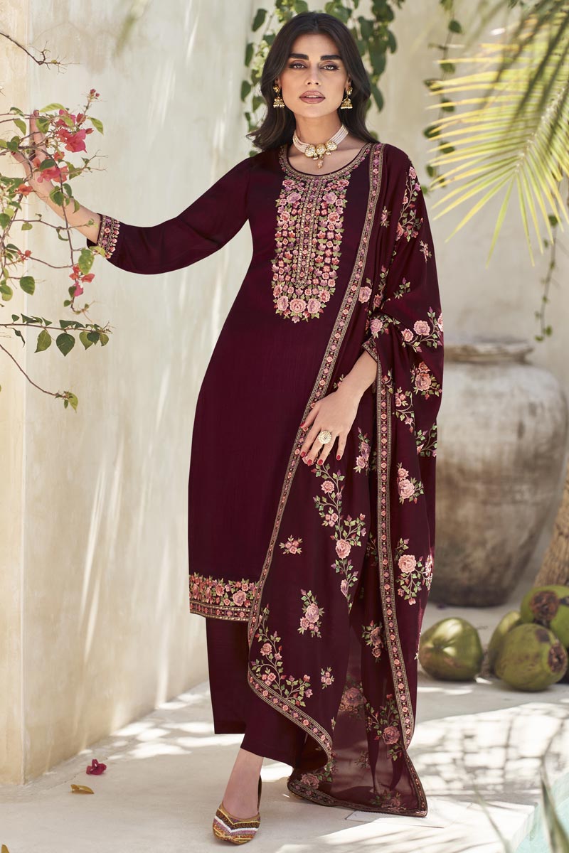 Art Silk Fabric Fancy Embroidered Function Wear Long Straight Cut Salwar Suit In Maroon Color