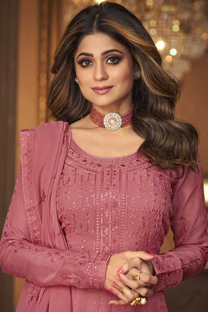 Georgette Fabric Anarkali Suit Featuring Shamita Shetty In Pink Color With Embroidered Work