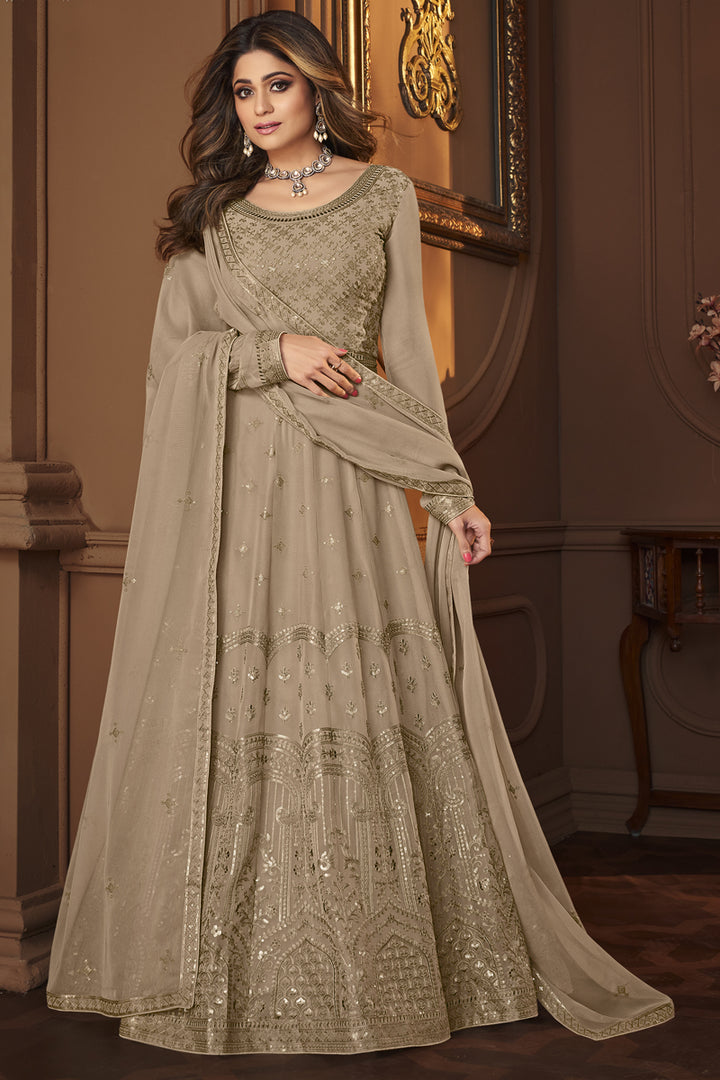 Cream Color Embroidered Work Function Wear Anarkali Suit Featuring Shamita Shetty In Georgette Fabric