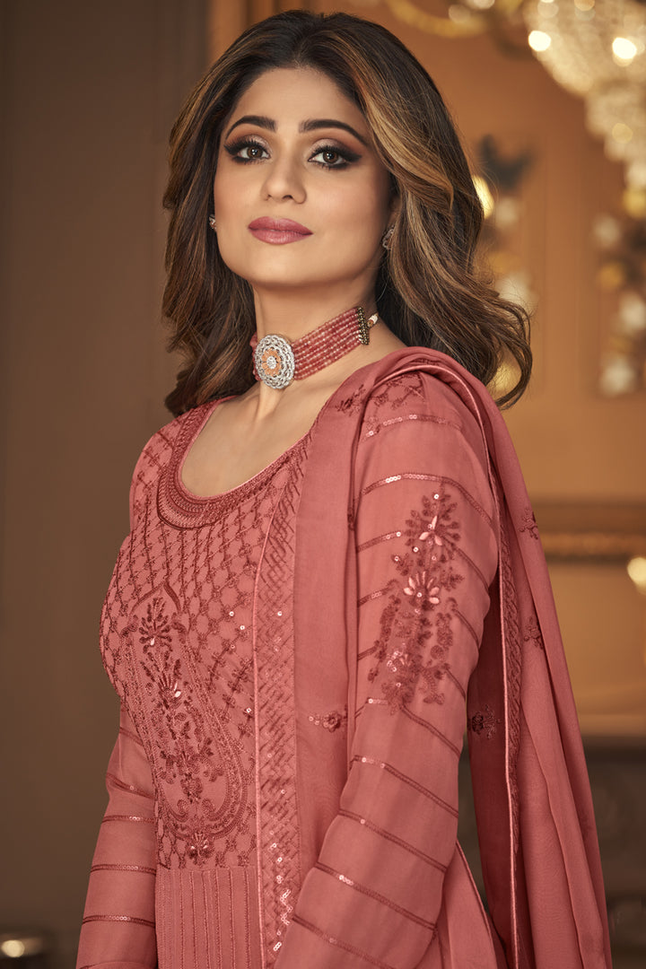 Elegant Georgette Fabric Peach Color Function Wear Anarkali Suit Featuring Shamita Shetty With Embroidere Work