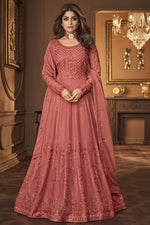 Load image into Gallery viewer, Elegant Georgette Fabric Peach Color Function Wear Anarkali Suit Featuring Shamita Shetty With Embroidere Work
