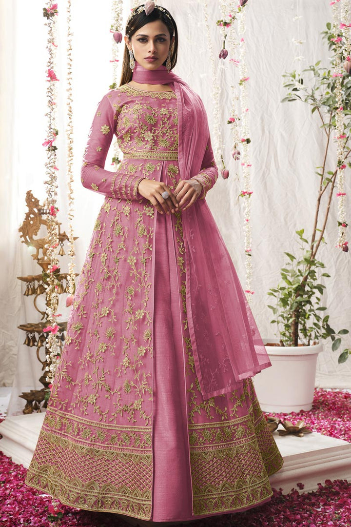 Engaging Pink Color Net Fabric Embroidered Anarkali Suit