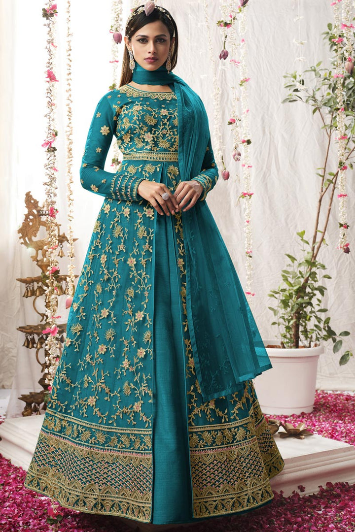 Stunning Cyan Color  Embroidered Anarkali Suit In Net Fabric