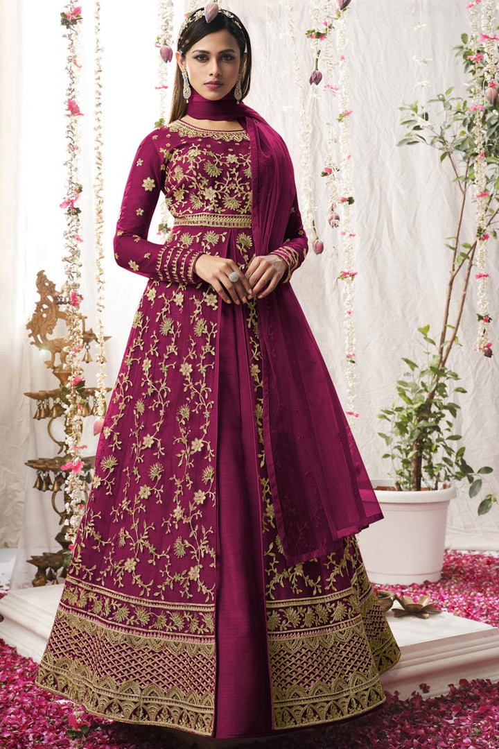 Striking Rani Color Net Fabric Embroidered Anarkali Suit
