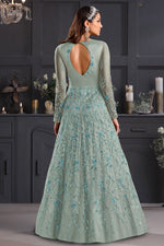 Load image into Gallery viewer, Net Fabric Party Style Embroidered Anarkali Salwar Suit In Light Cyan Color
