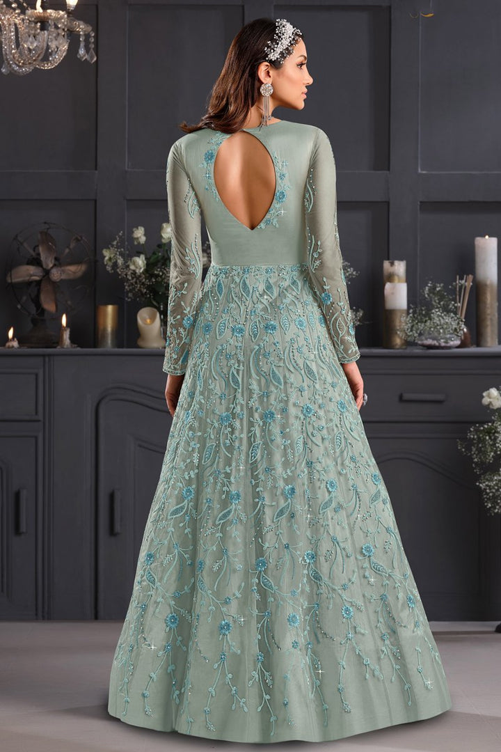 Net Fabric Party Style Embroidered Anarkali Salwar Suit In Light Cyan Color
