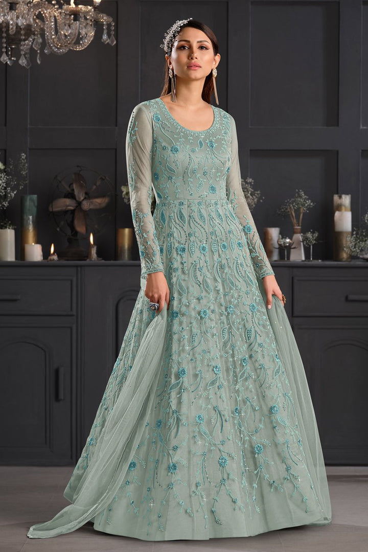 Net Fabric Party Style Embroidered Anarkali Salwar Suit In Light Cyan Color