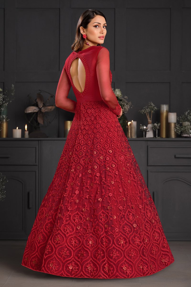 Red Color Net Fabric Fancy Embroidered Function Wear Anarkali Salwar Kameez