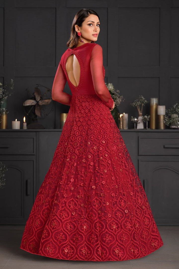 Red Color Net Fabric Fancy Embroidered Function Wear Anarkali Salwar Kameez