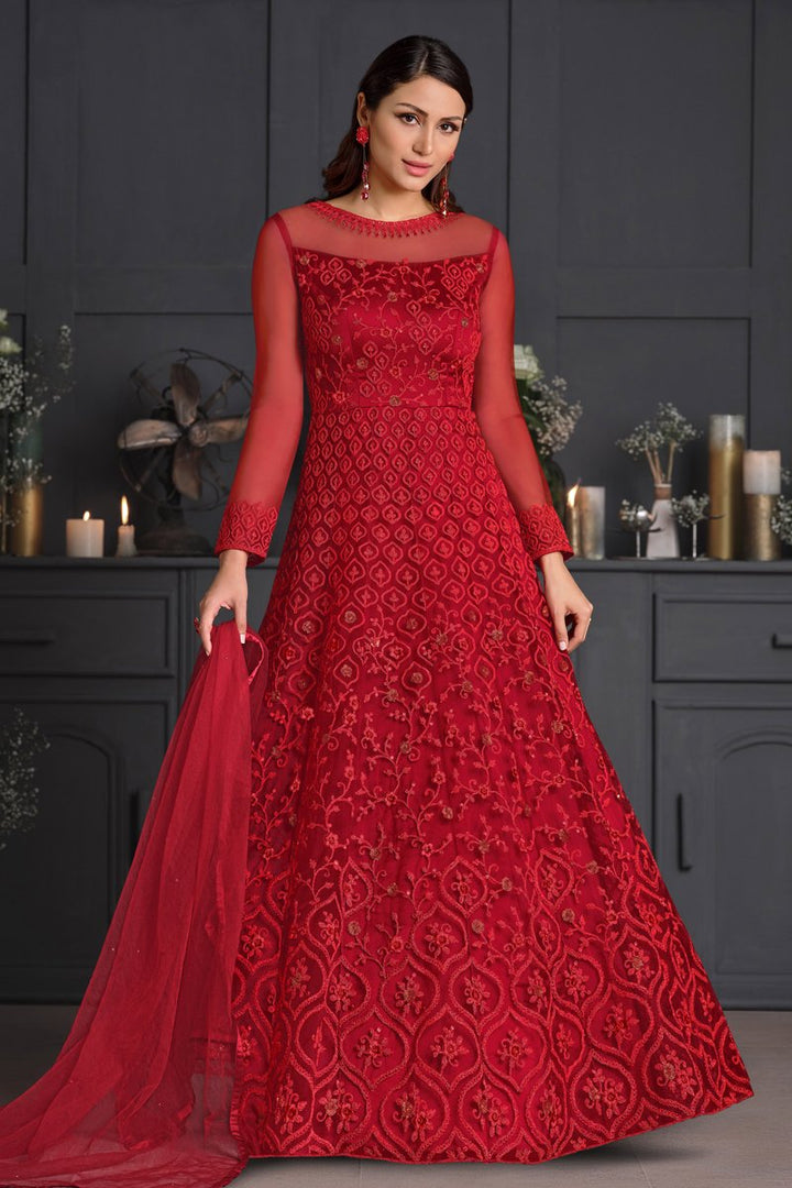 Red Color Net Fabric Fancy Embroidered Function Wear Anarkali Salwar Kameez