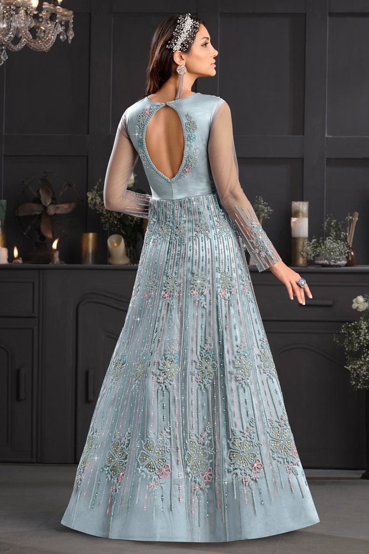 Grey Color Party Style Embroidered Net Fabric Anarkali Salwar Suit