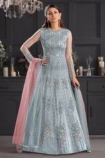 Load image into Gallery viewer, Grey Color Party Style Embroidered Net Fabric Anarkali Salwar Suit
