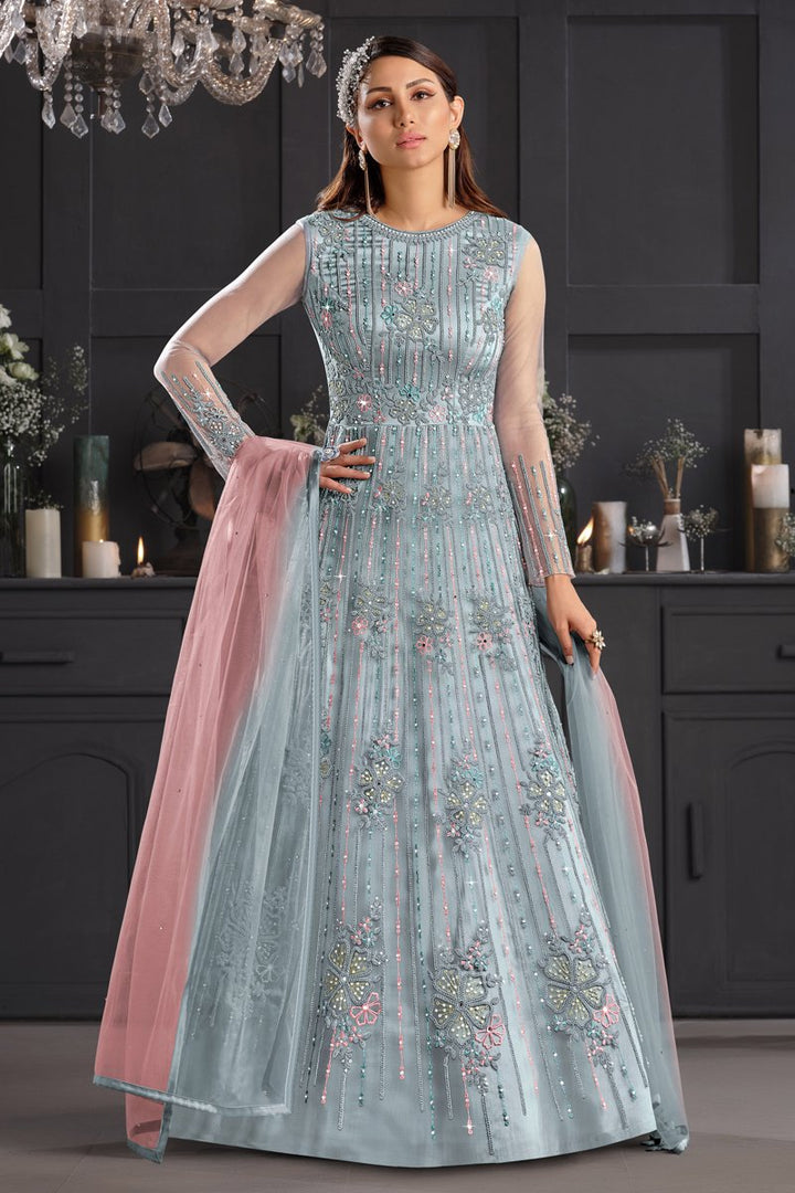 Grey Color Party Style Embroidered Net Fabric Anarkali Salwar Suit